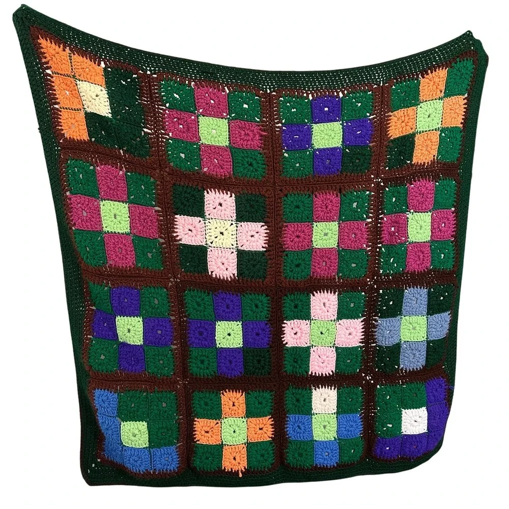 VTG 70s Granny‎ Square Crochet Blanket Throw Cottagecore Boho Handmade 42x42